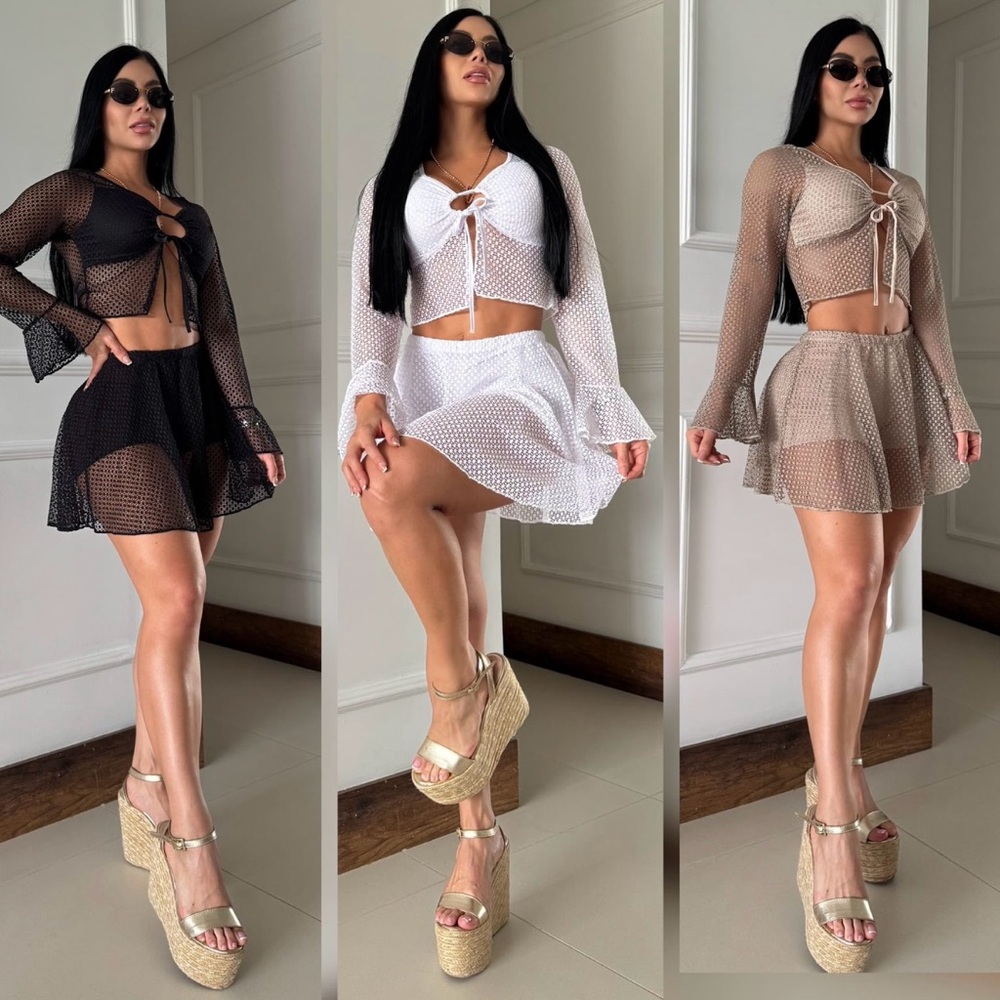 Sheer Mesh Two-Piece Set in Black, White, and Tan